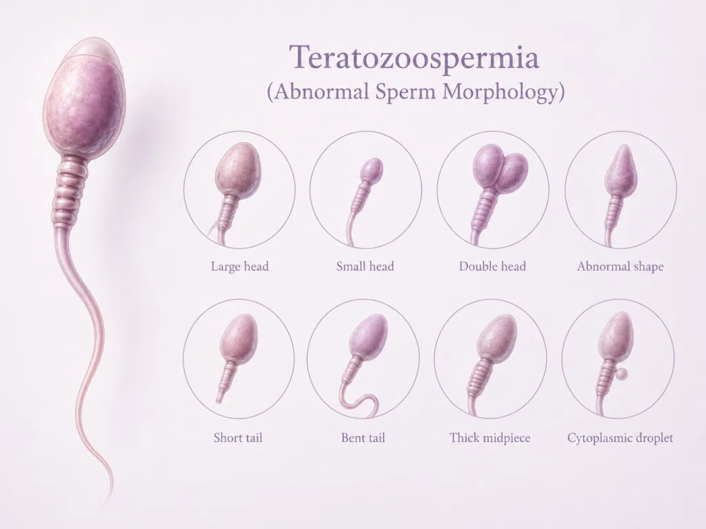 Teratozoospermia infographic showing eight abnormal sperm shapes labeled with common morphologies.